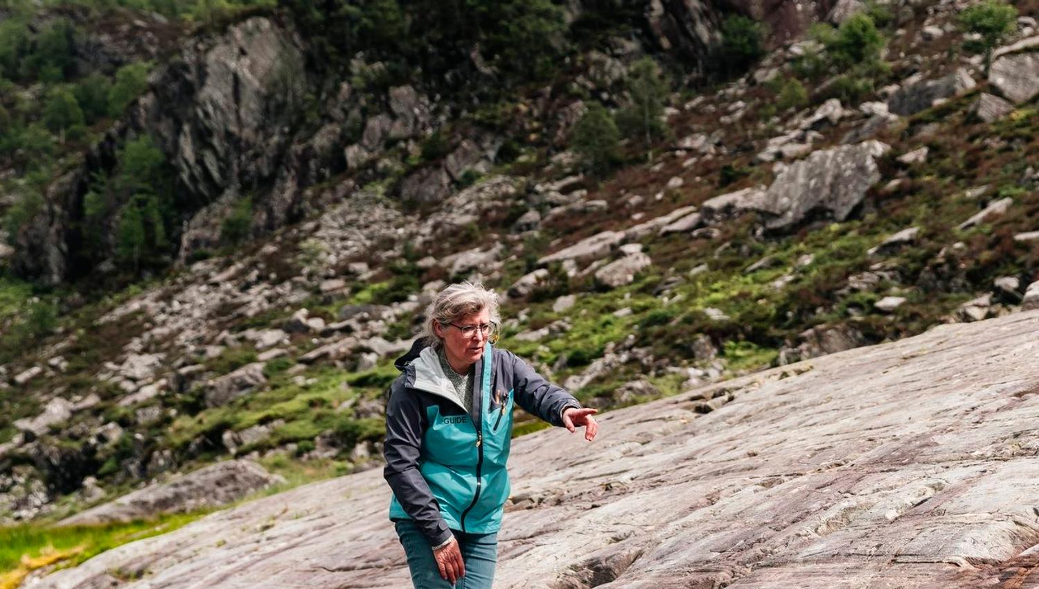 A guide with visitors exploring the Vingen rock art landscape on a guided tour.