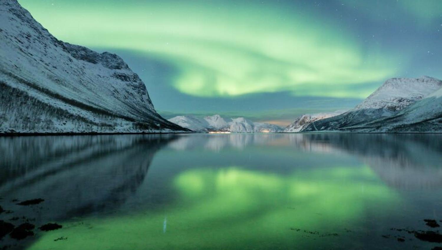 Northern lights over a fjord
