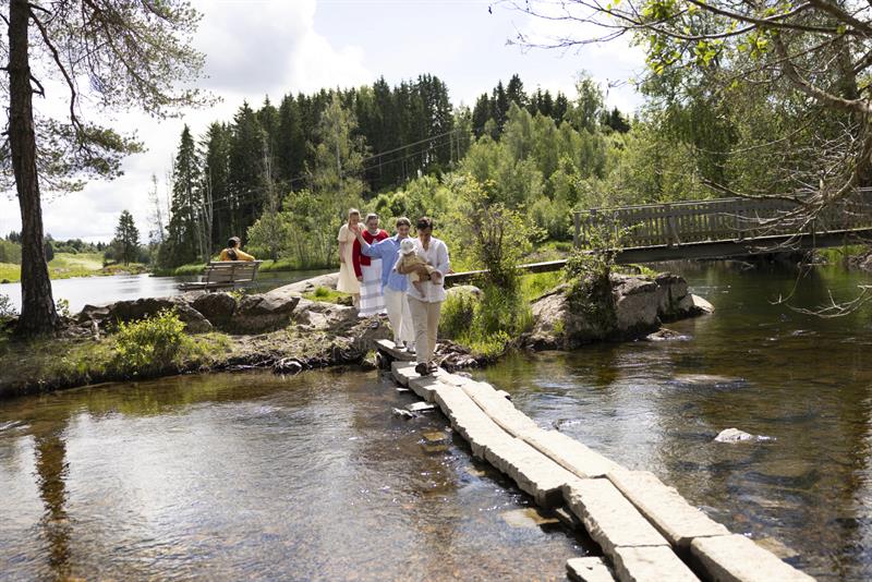people rossing a river on a narrow footbridge surrounded by woodland scenery.
