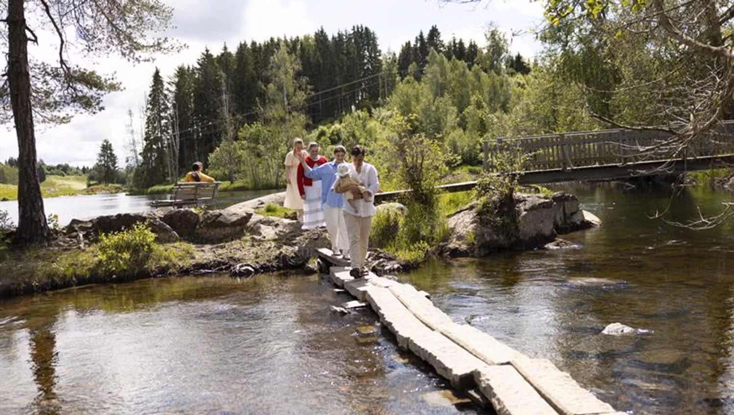people rossing a river on a narrow footbridge surrounded by woodland scenery.
