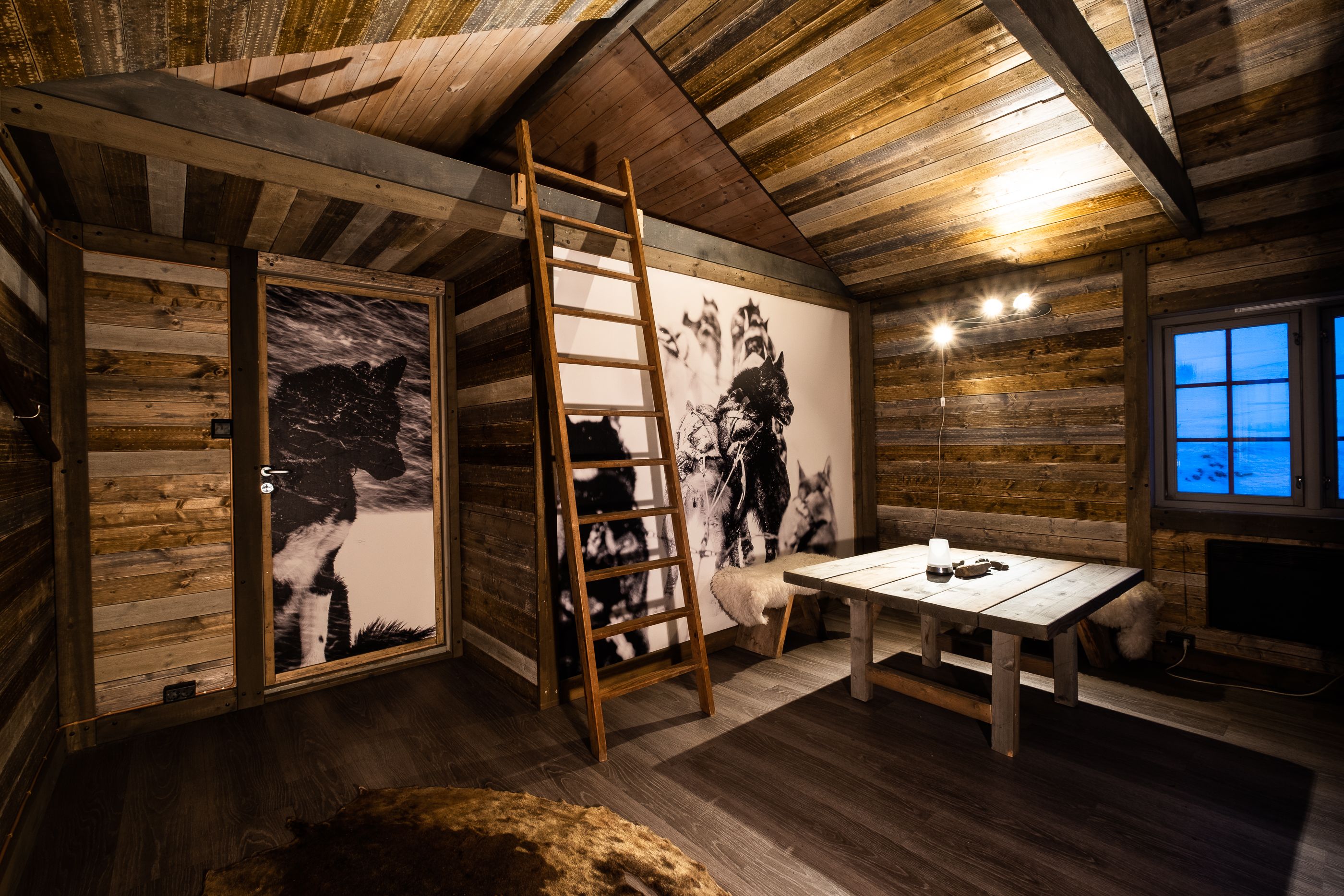 Interior photo of Tommy's Lodge, with a dining table, a ladder to a loft and photos hanging on the walls