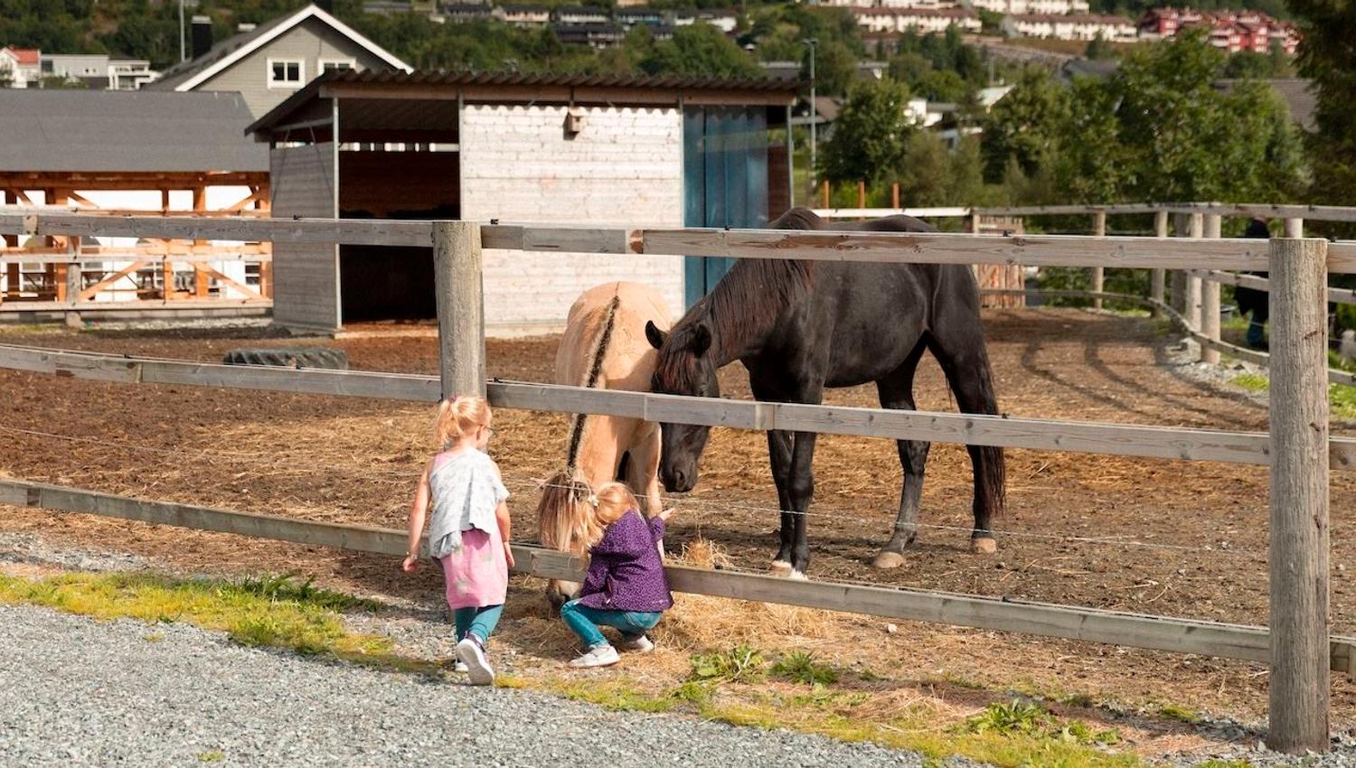 Two children stand by a wooden fence, watching two horses in a dirt paddock near farm buildings and homes..
