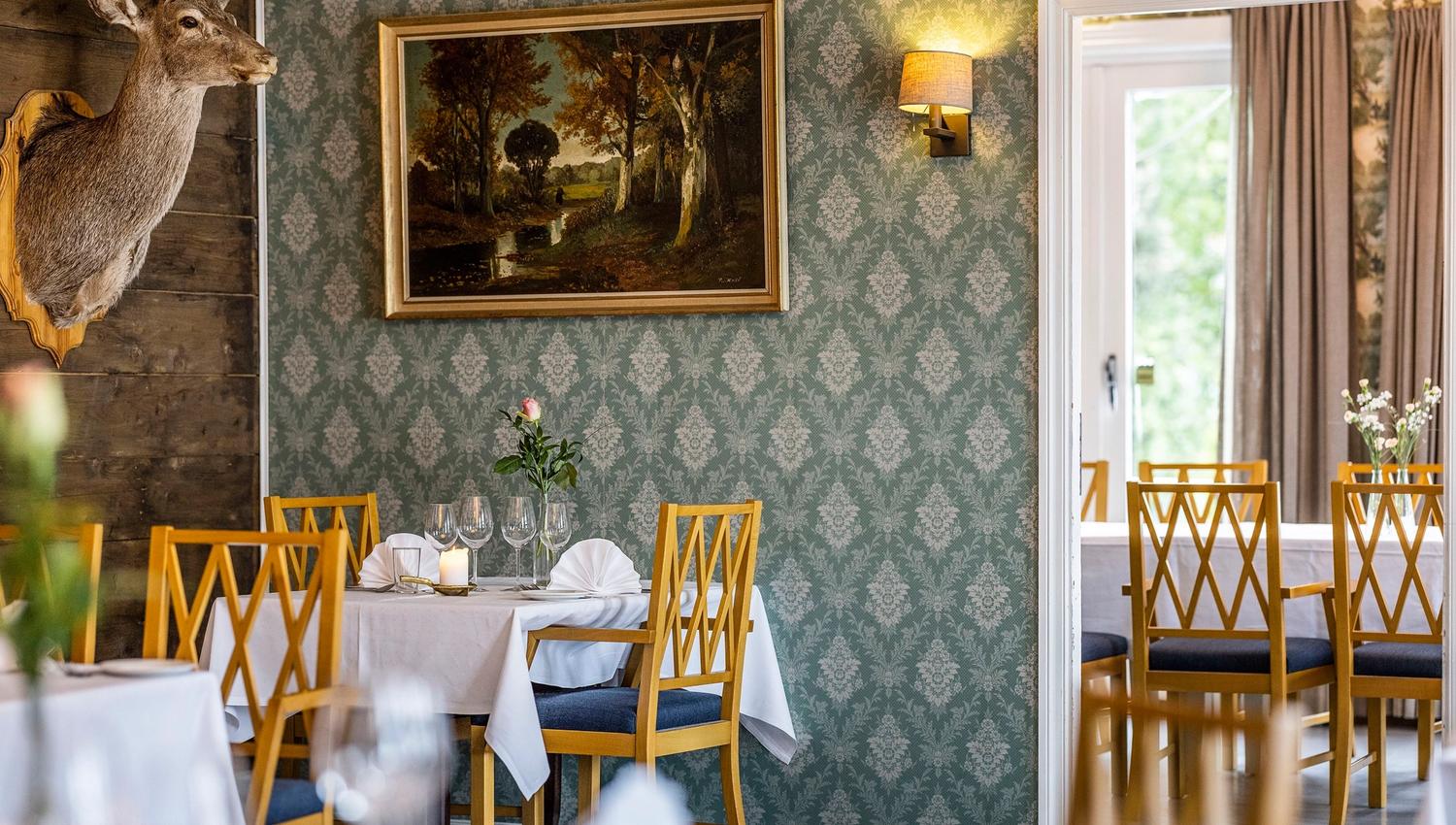 Interior of Restaurant Stovene in the historic part of Gloppen Hotel in Sandane, Nordfjord.