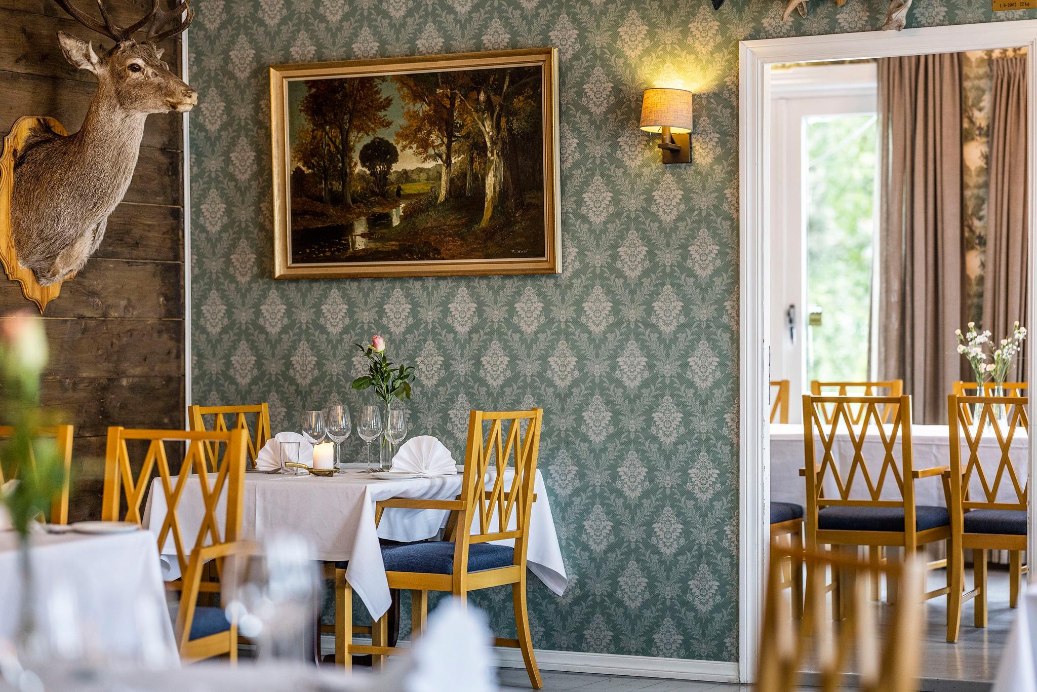 Interior of Restaurant Stovene in the historic part of Gloppen Hotel in Sandane, Nordfjord.