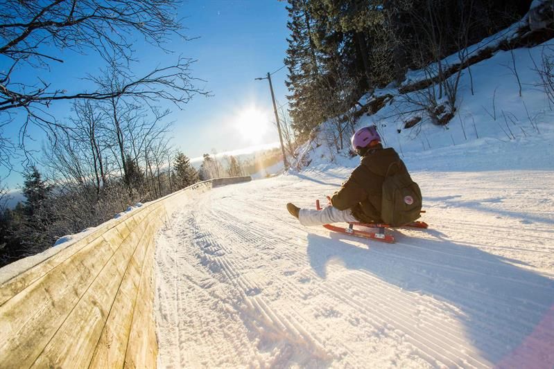 A child sledding down a snow-covered hill.