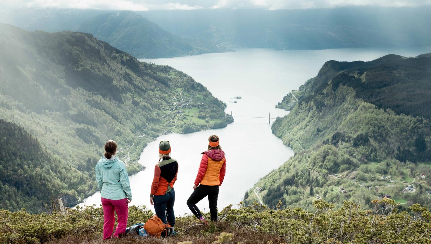 Three hikers enjoying the panoramic view of the Hardangerfjord on a guided mountain hike.
