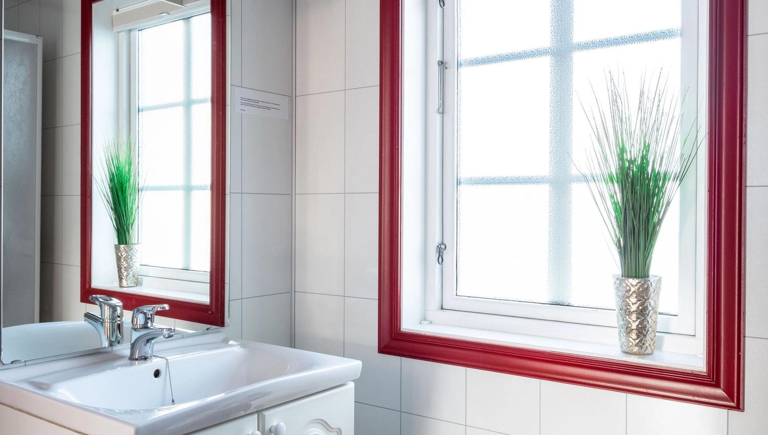Bathroom with a white sink, mirror and window with red frames, and a plant on the windowsill