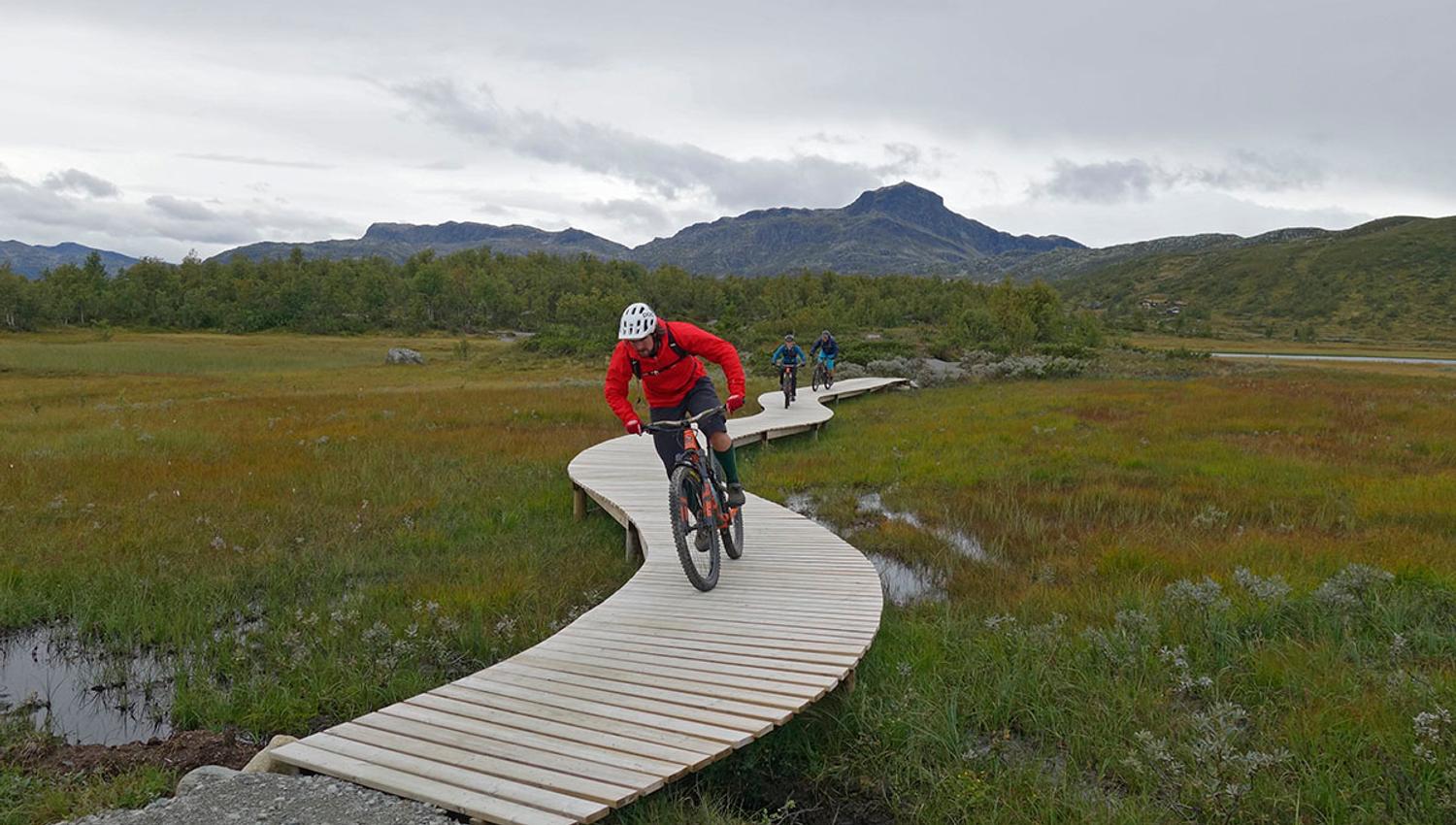 Cyclists on a sustainably built terrain cycling trail with wooden bridge elements over a swamp. Mountains in the background.