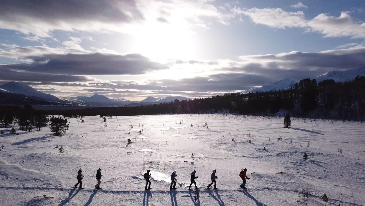 Guests on snowshoes walking in snowcovered lanscape