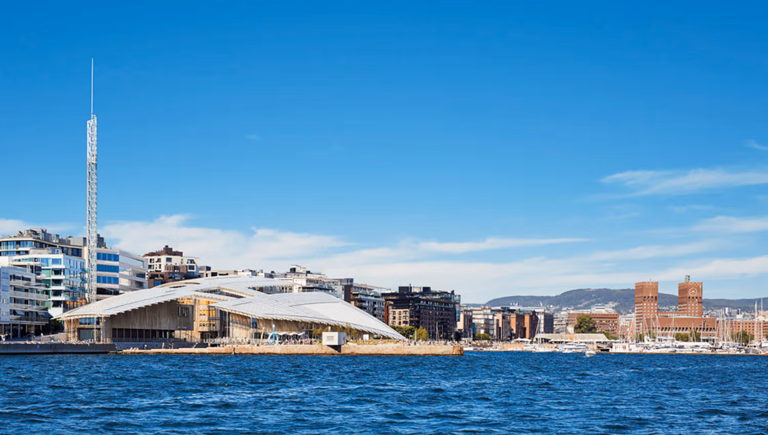 The Astrup Fearnley Museum seen from the fjord. Aker Brygge and the City Hall in the background