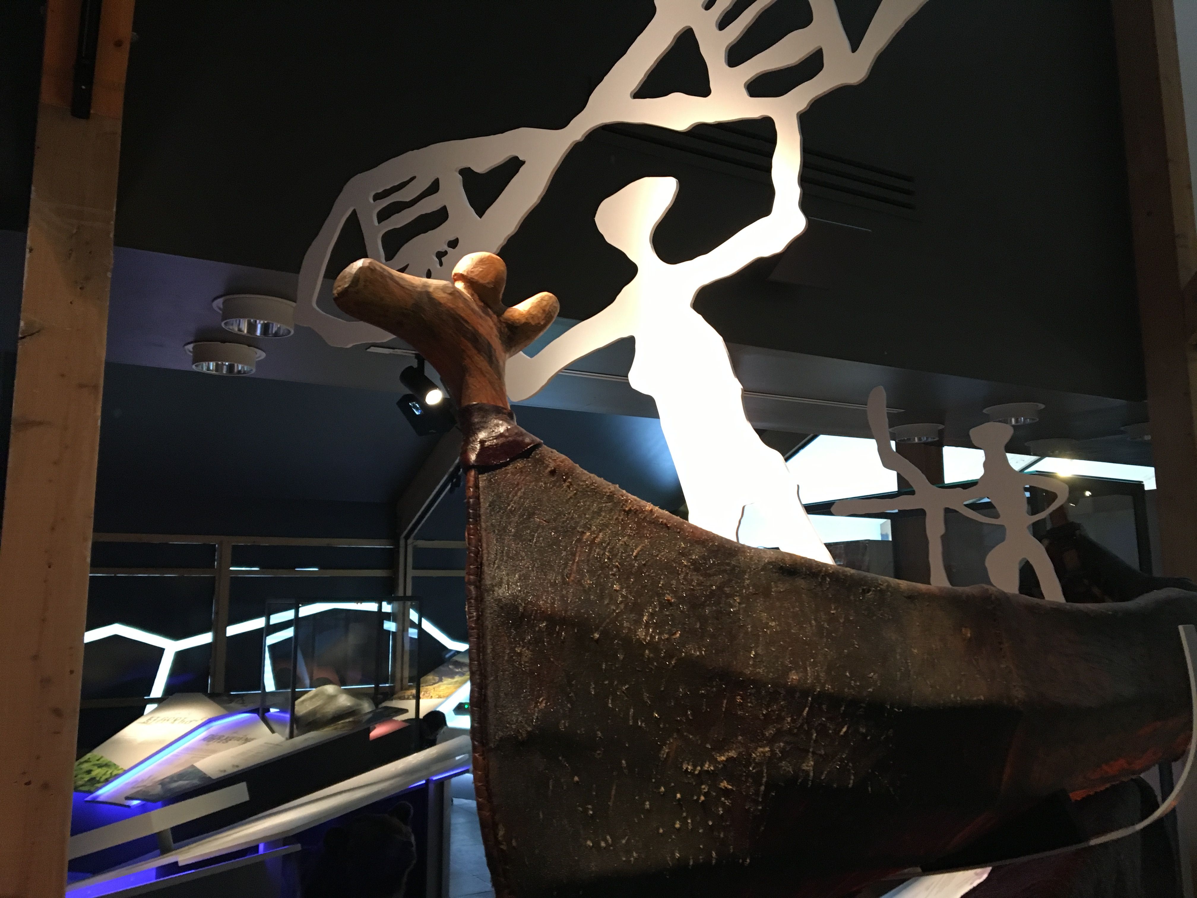 Explore the fascinating world of indigenous maritime culture! This beautifully crafted wooden canoe, featured in a modern exhibition, showcases rich heritage against a backdrop of contemporary design. Discover the stories and traditions that connect peopl