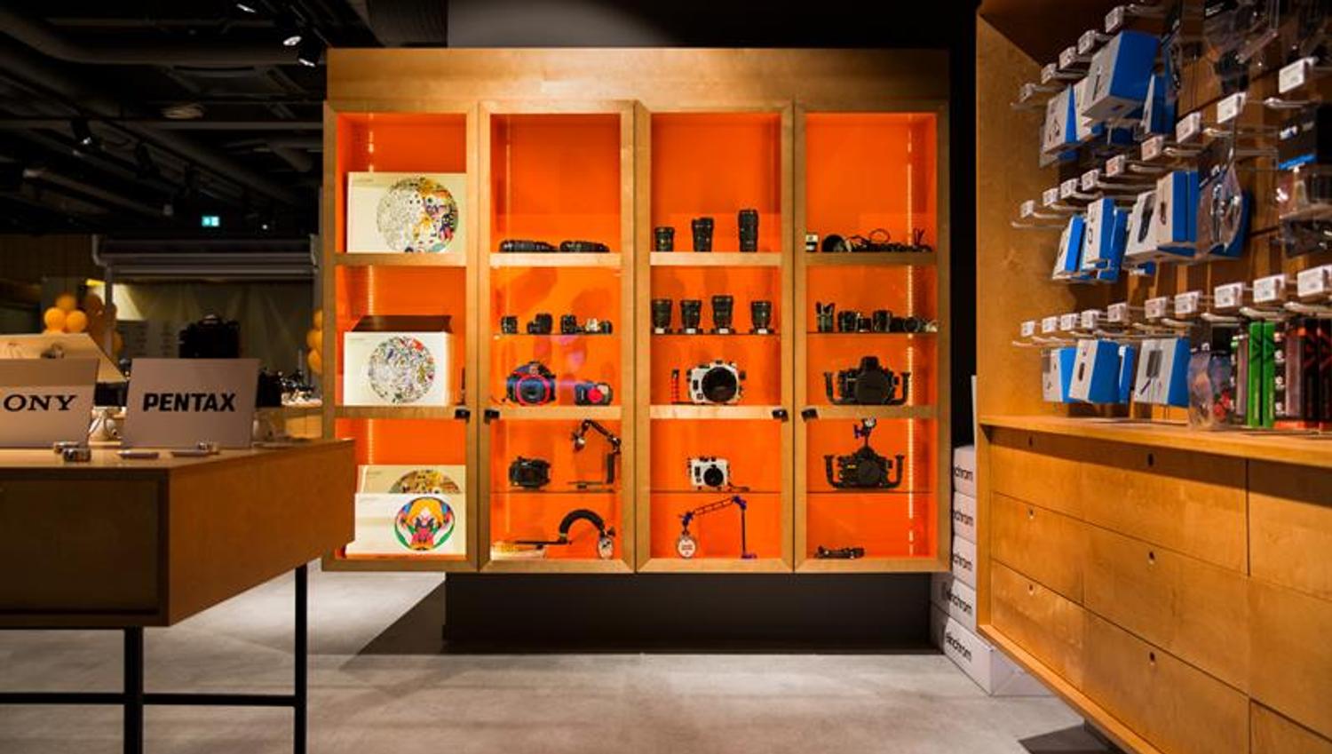 An assortment of cameras on display.