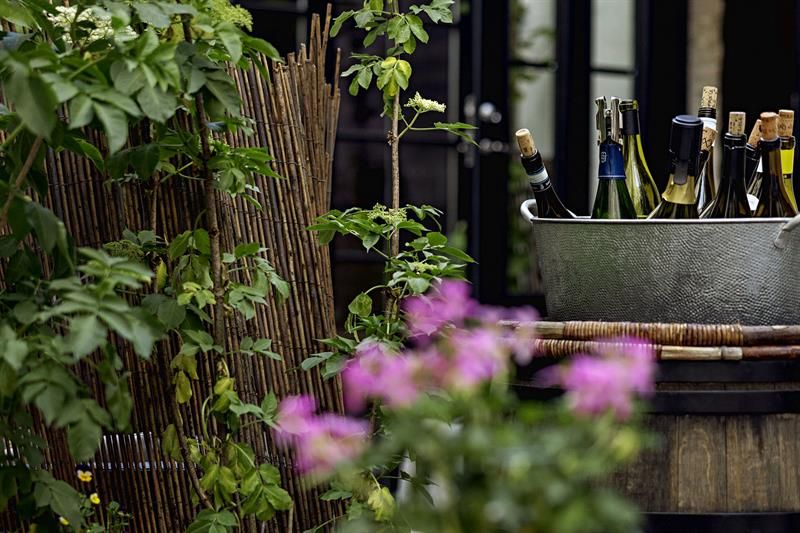 Detalj av planter og en bøtte med vinflasker i