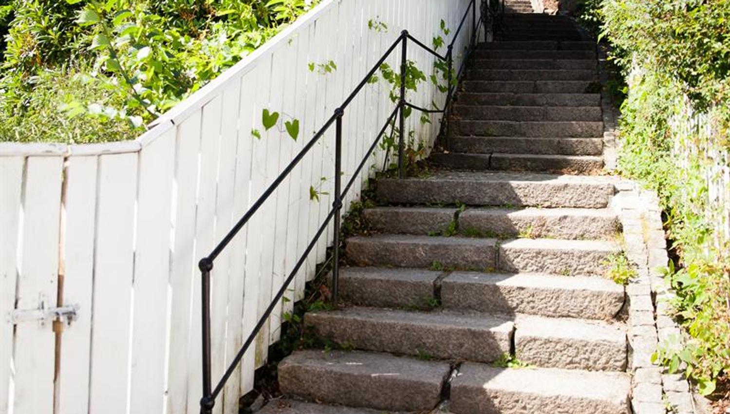 The start of the stage, stairs with white railings.