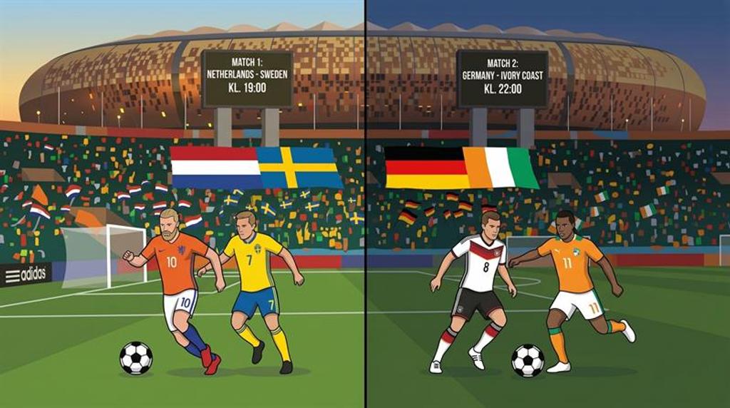 Nederland - Sverige kl. 19.00 og Tyskland - Elfenbenskysten kl. 22.00