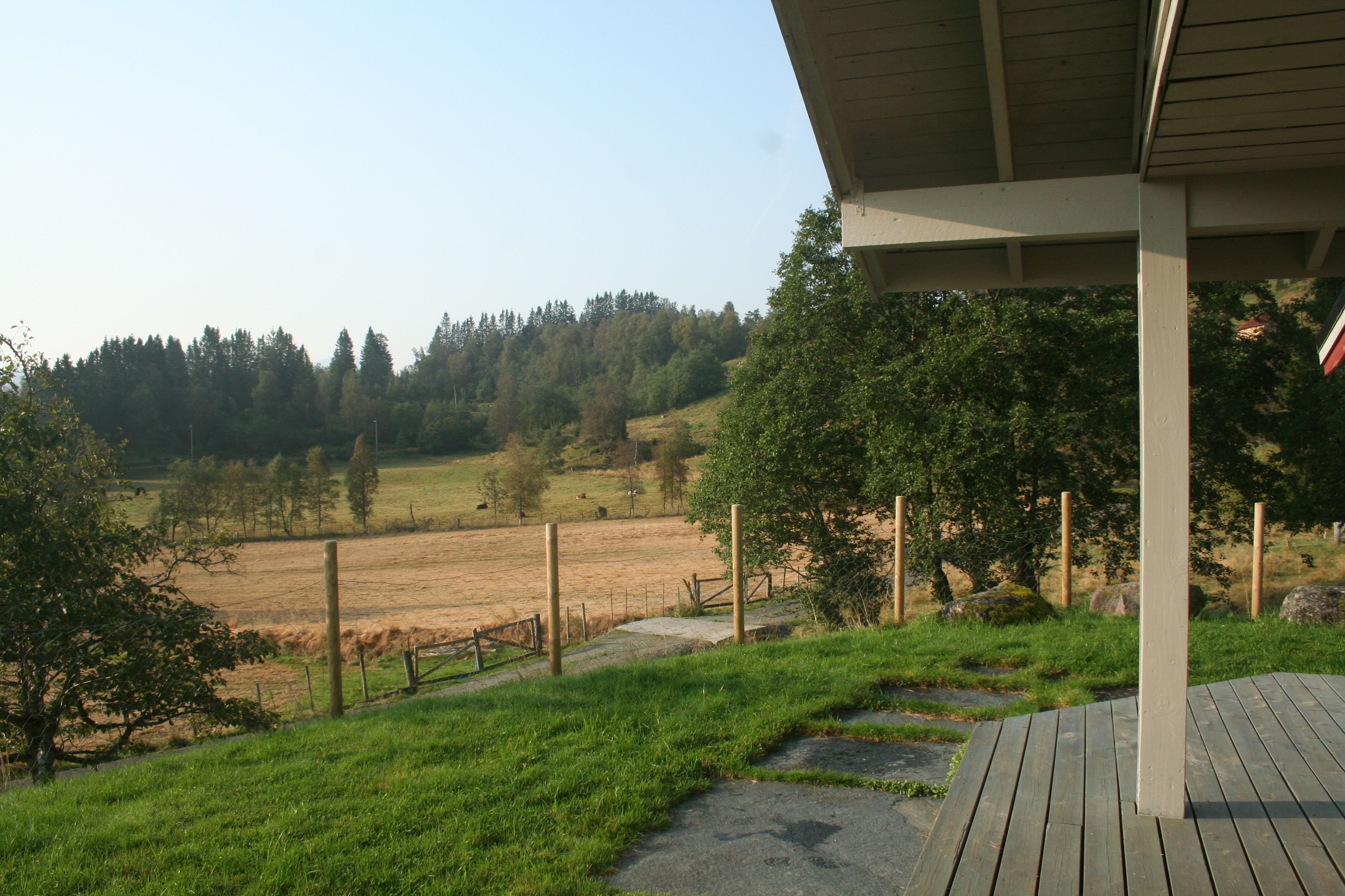 Panoramic view from the cabin over green meadows and forested hills in Hardanger.