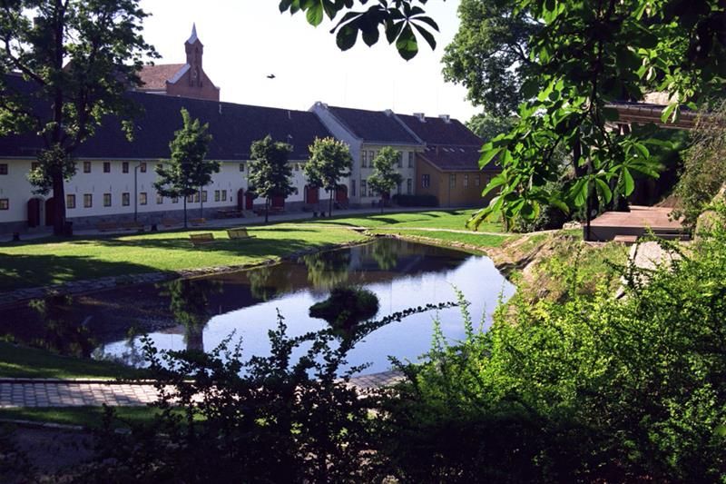 Summer photo of a pond, surrounded by a grass, trees and houses.
