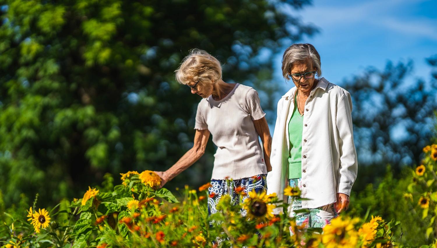 damer som ser på blomster