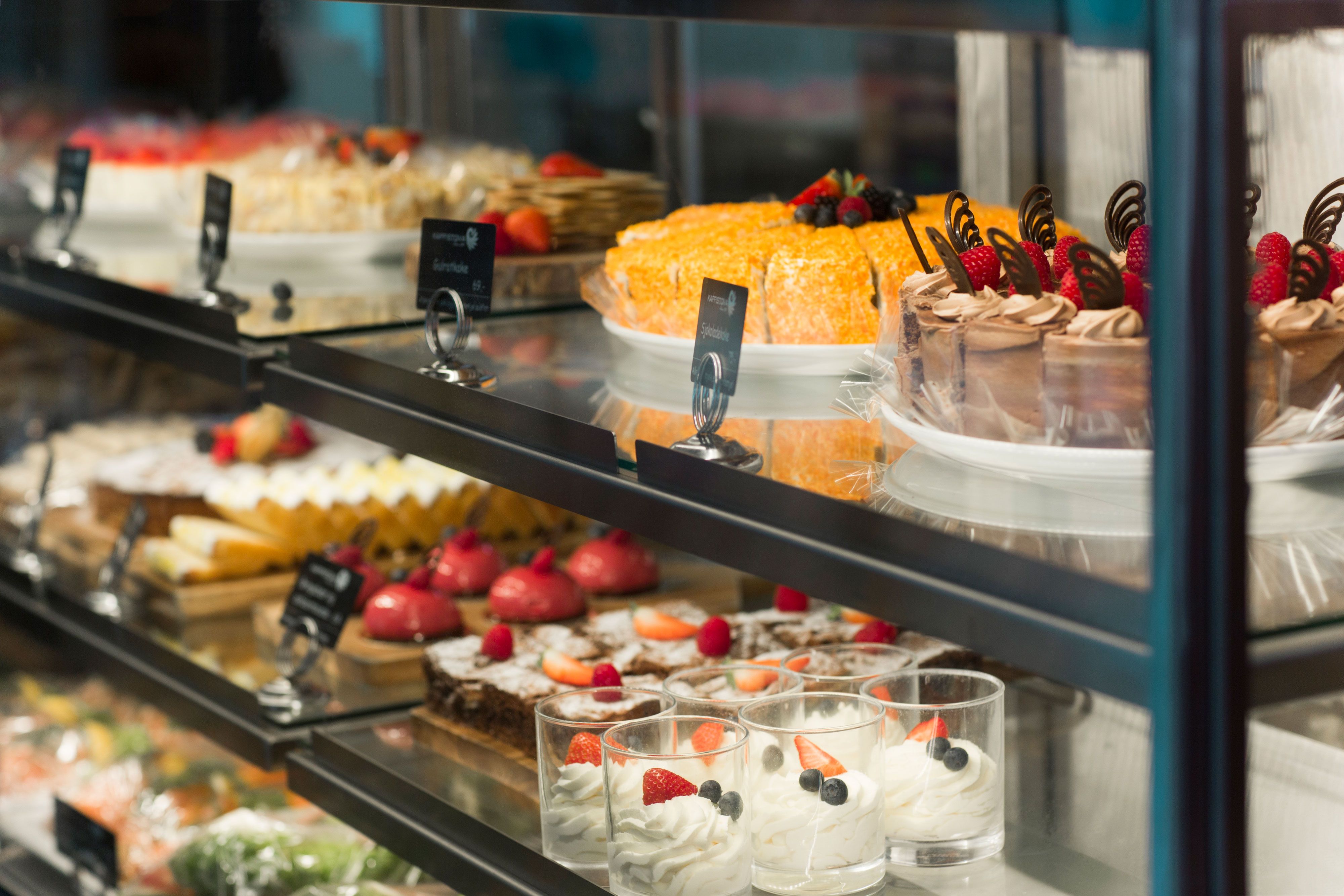 Various cakes on display.