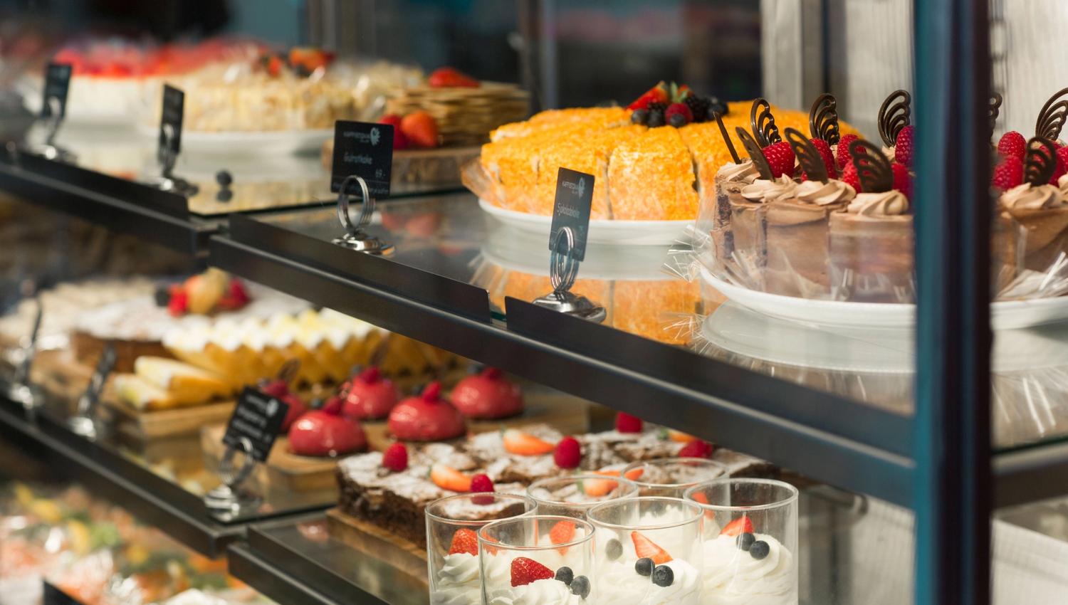 Various cakes on display.