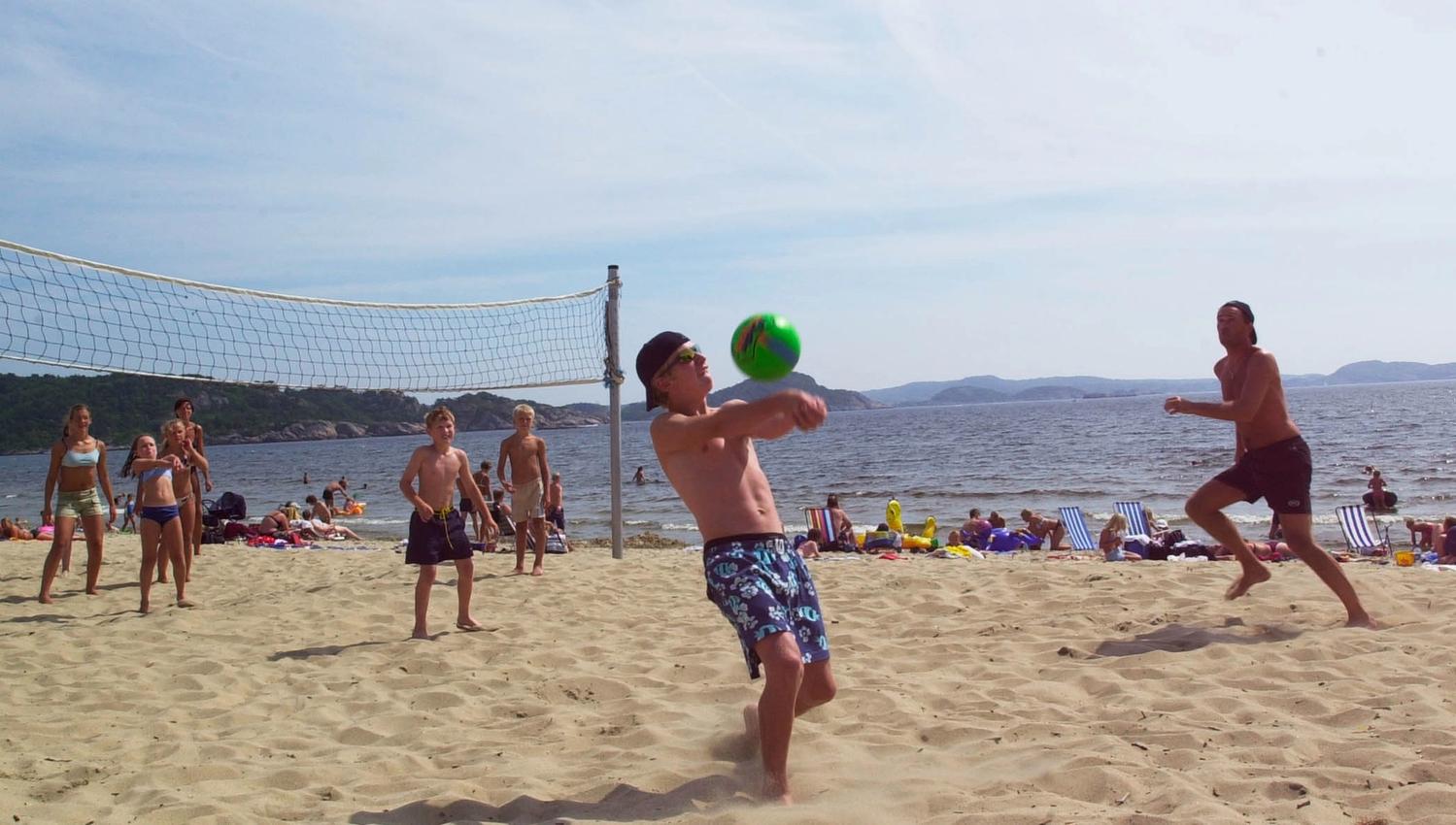 A group playing beach volleyball, where a guy is about to serve a green volleyball.