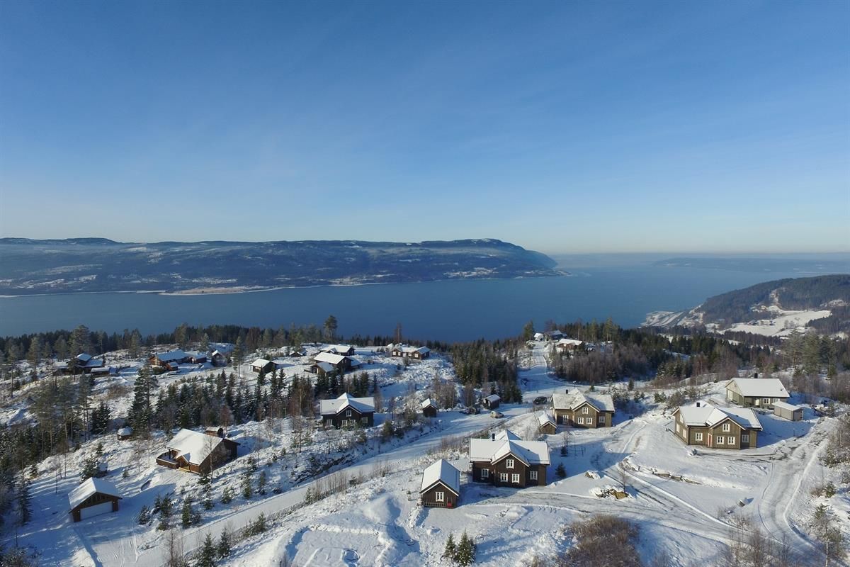 Winter landscape with cabins overlooking a lake and mountains.
