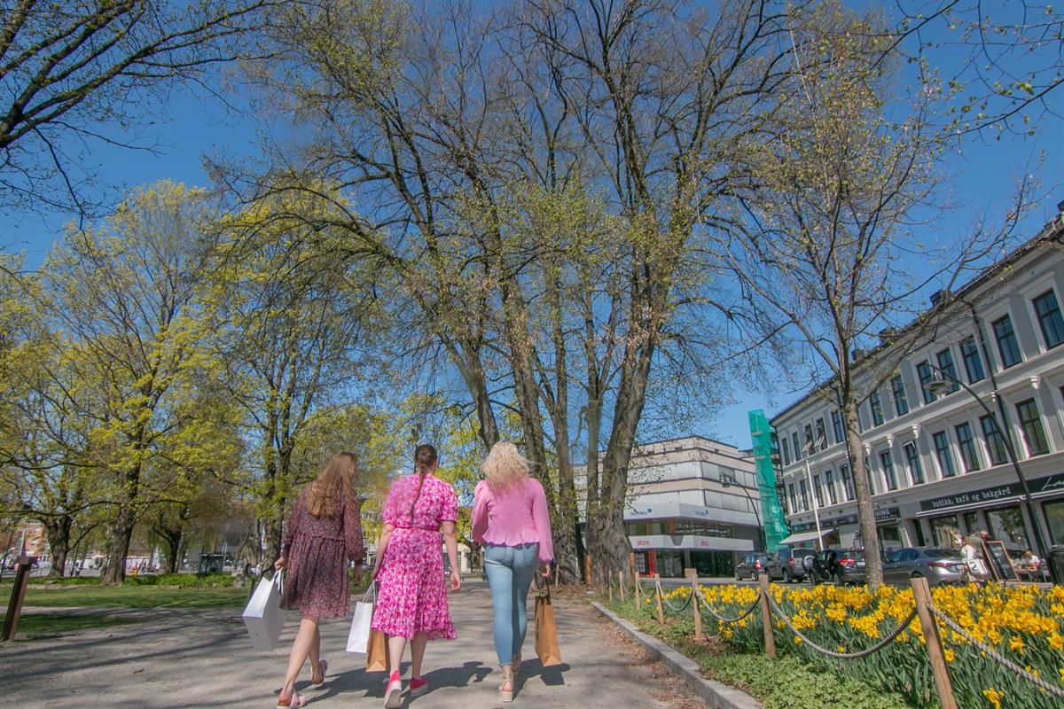 Three people walk along a green park path under trees with fresh leaves, with a larger building visible in the background.