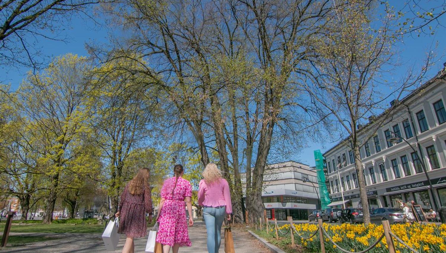Three people walk along a green park path under trees with fresh leaves, with a larger building visible in the background.