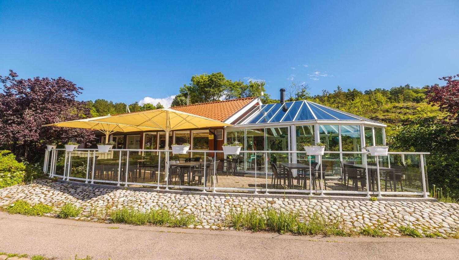The reception and café has a large outdoor sitting area