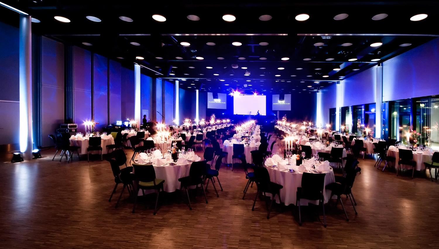Tables set for dining.