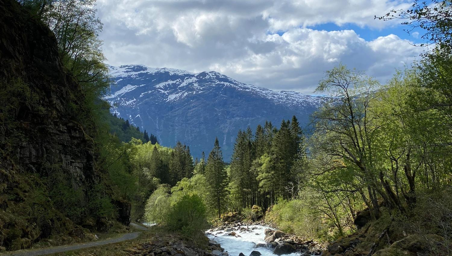 Rushing river flowing through Elvedalen valley at Lofthus with snow-capped mountains in the background.
