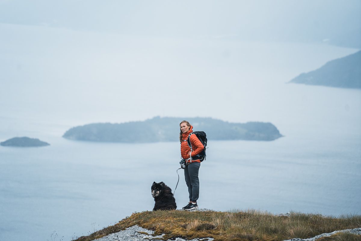 Woman and dog hiking in the mountains over the Hardangerfjord. 