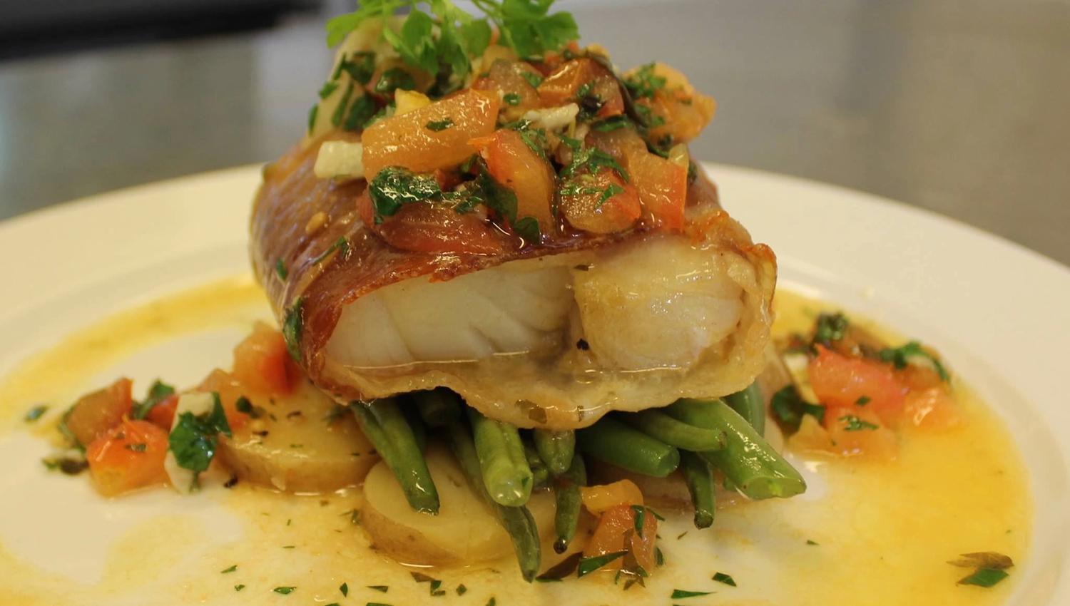 Cod wrapped in bacon