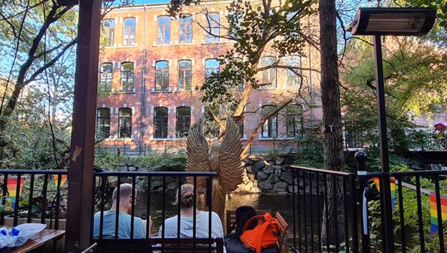 Outdoor seating by the river