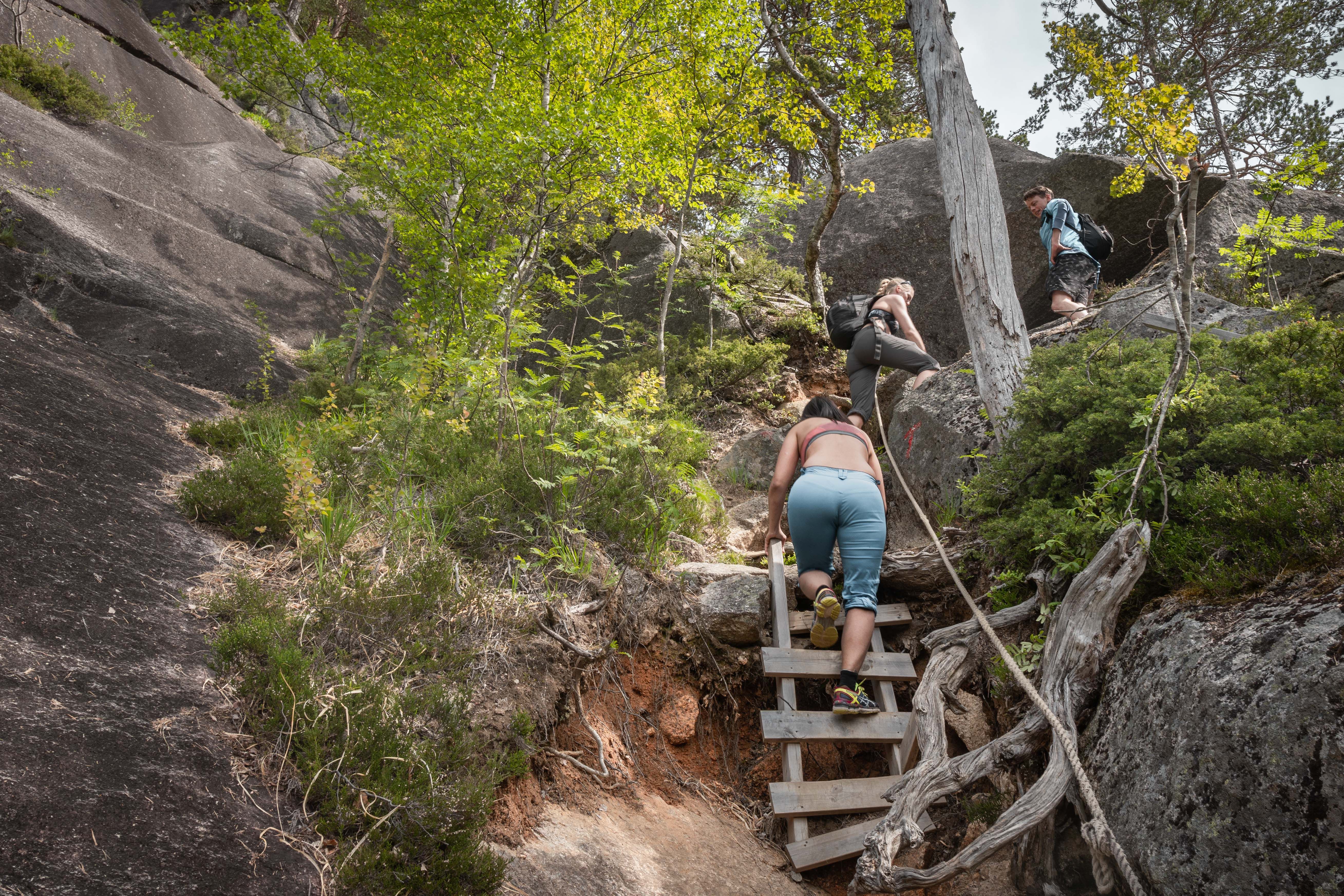Three hikers climbing up the ladders.