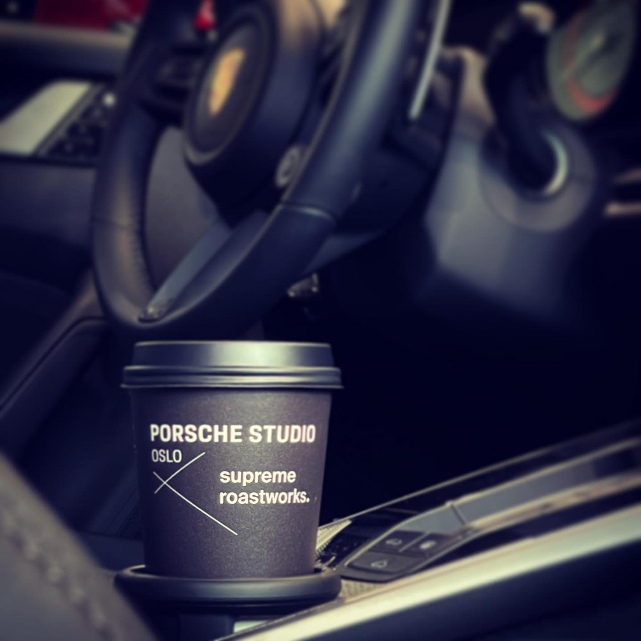 to-go coffee cup porsche studio x supreme roastworks