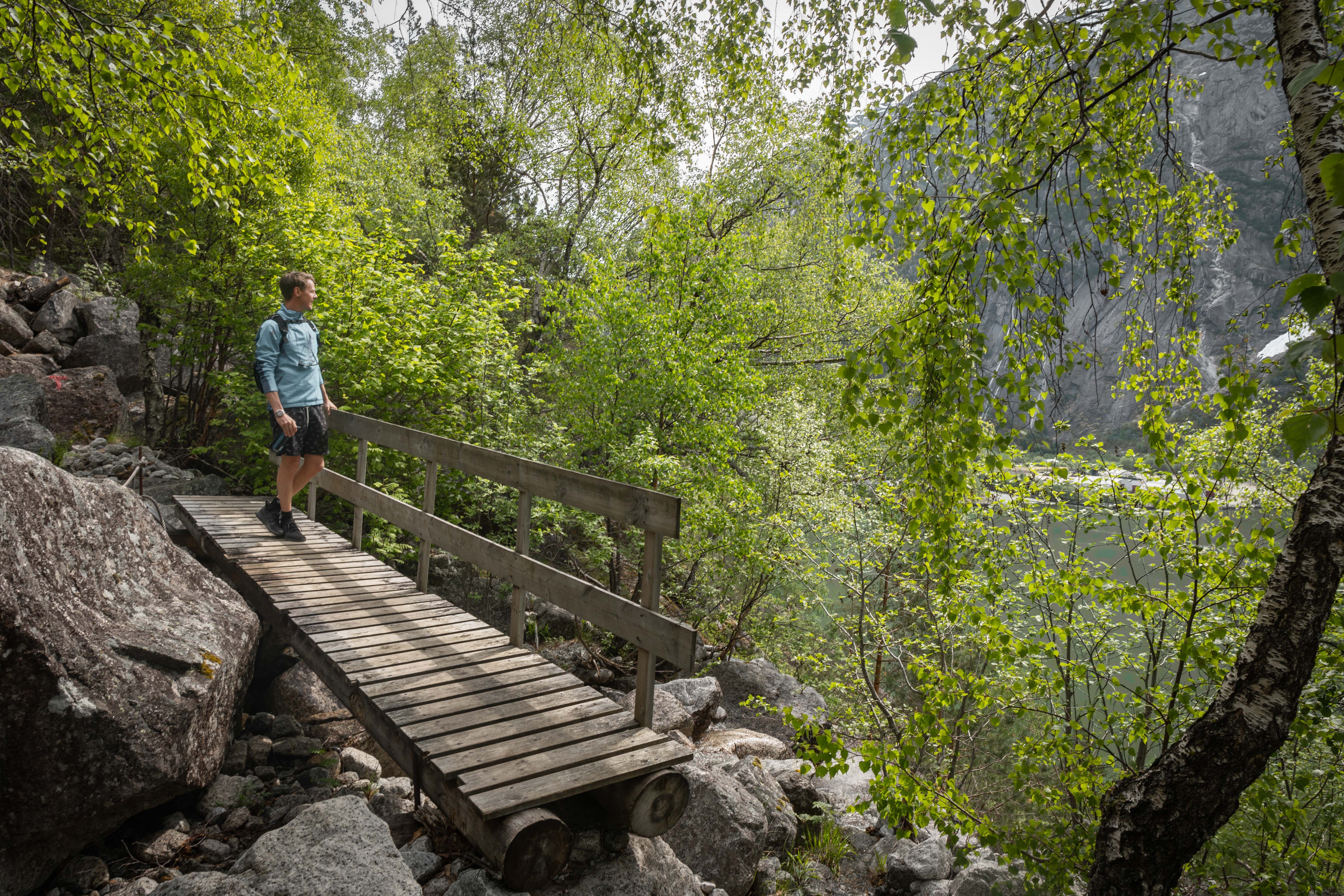 A man standing on a wooden bridge, gazing towards the fjord below.