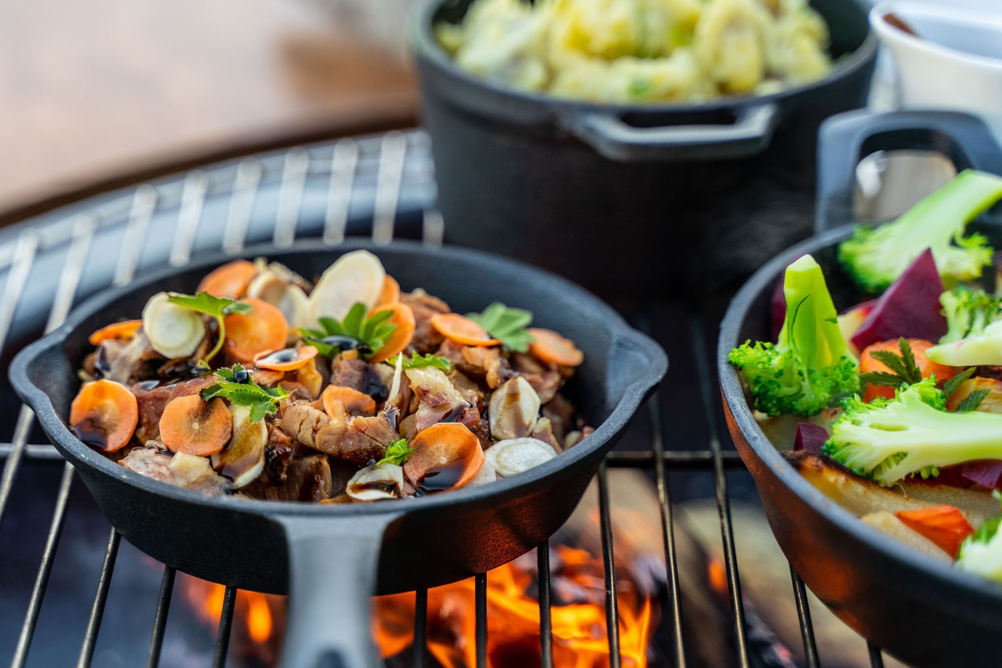 Close-up of flavorful grilled dishes with root vegetables and herbs.