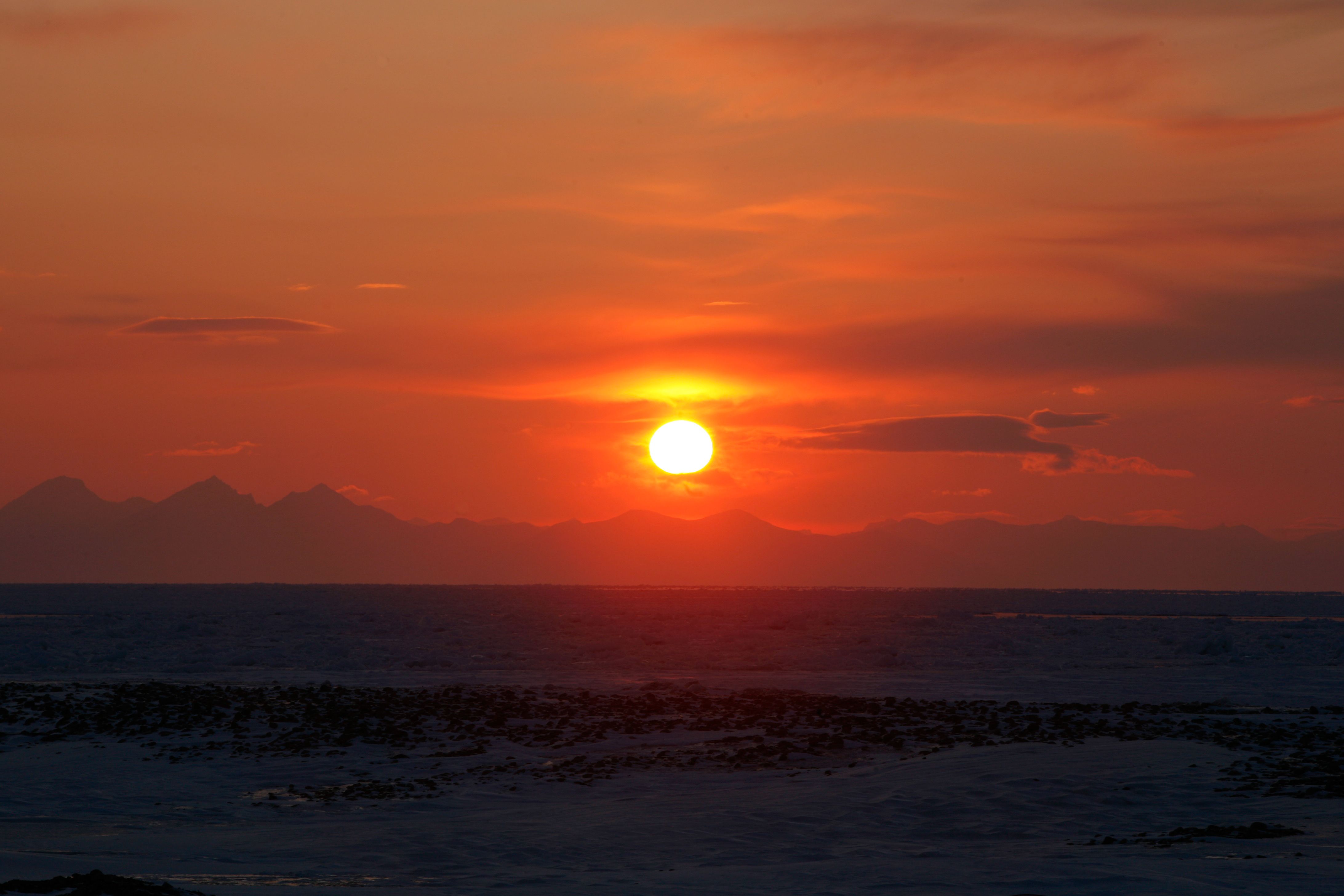Midnight sun and red sky on Svalbard