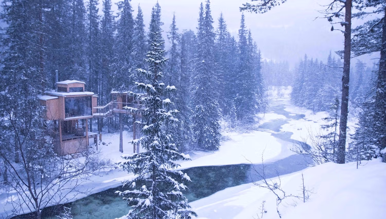 the wooden cabins from Å Camp in the winter