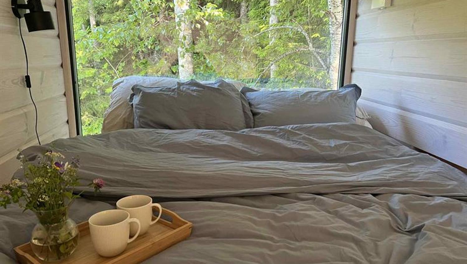 seng foran et stort vindu med utsikt mot naturen med et brett med 2 kaffekopper på