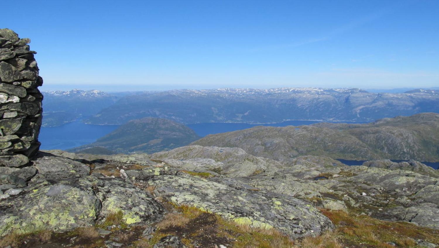 a view towards fjords and mountains
