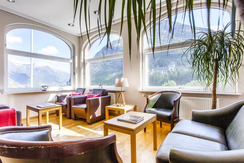 Relax in the inviting lounge with large windows and panoramic views of the Hardangerfjord.