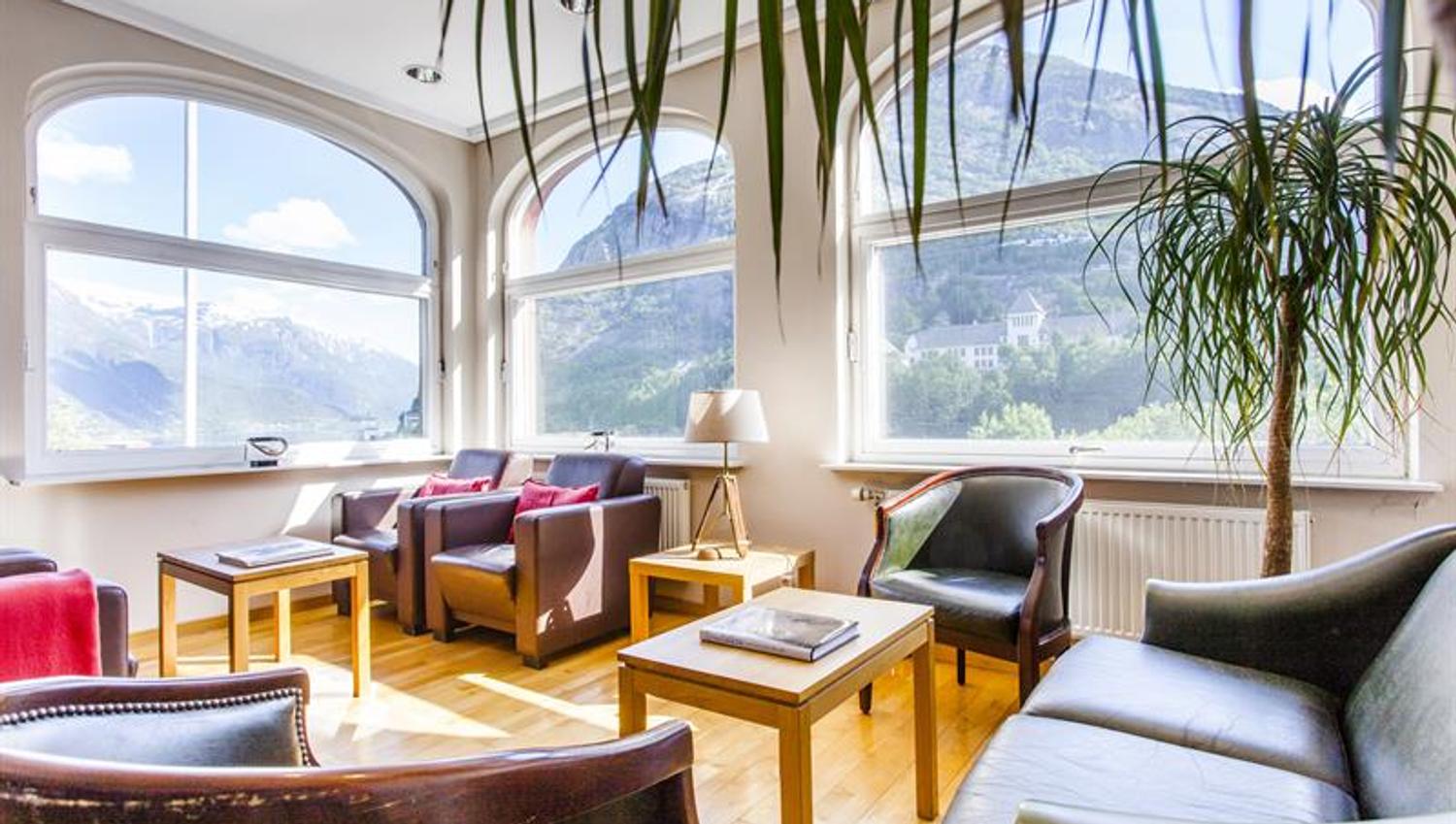 Relax in the inviting lounge with large windows and panoramic views of the Hardangerfjord.