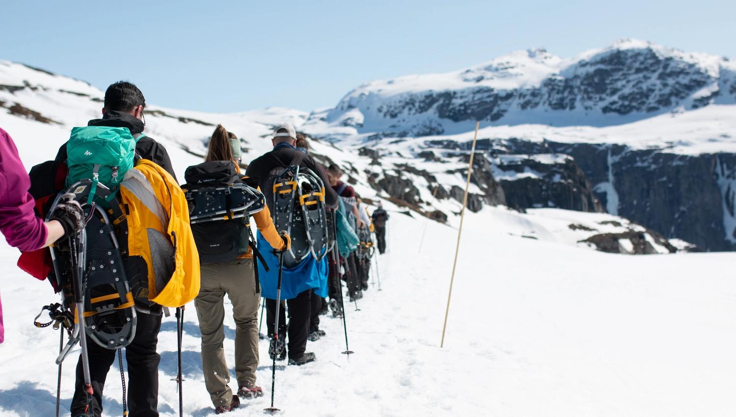 A group of people on a Trolltunga winter snowshoe hike.