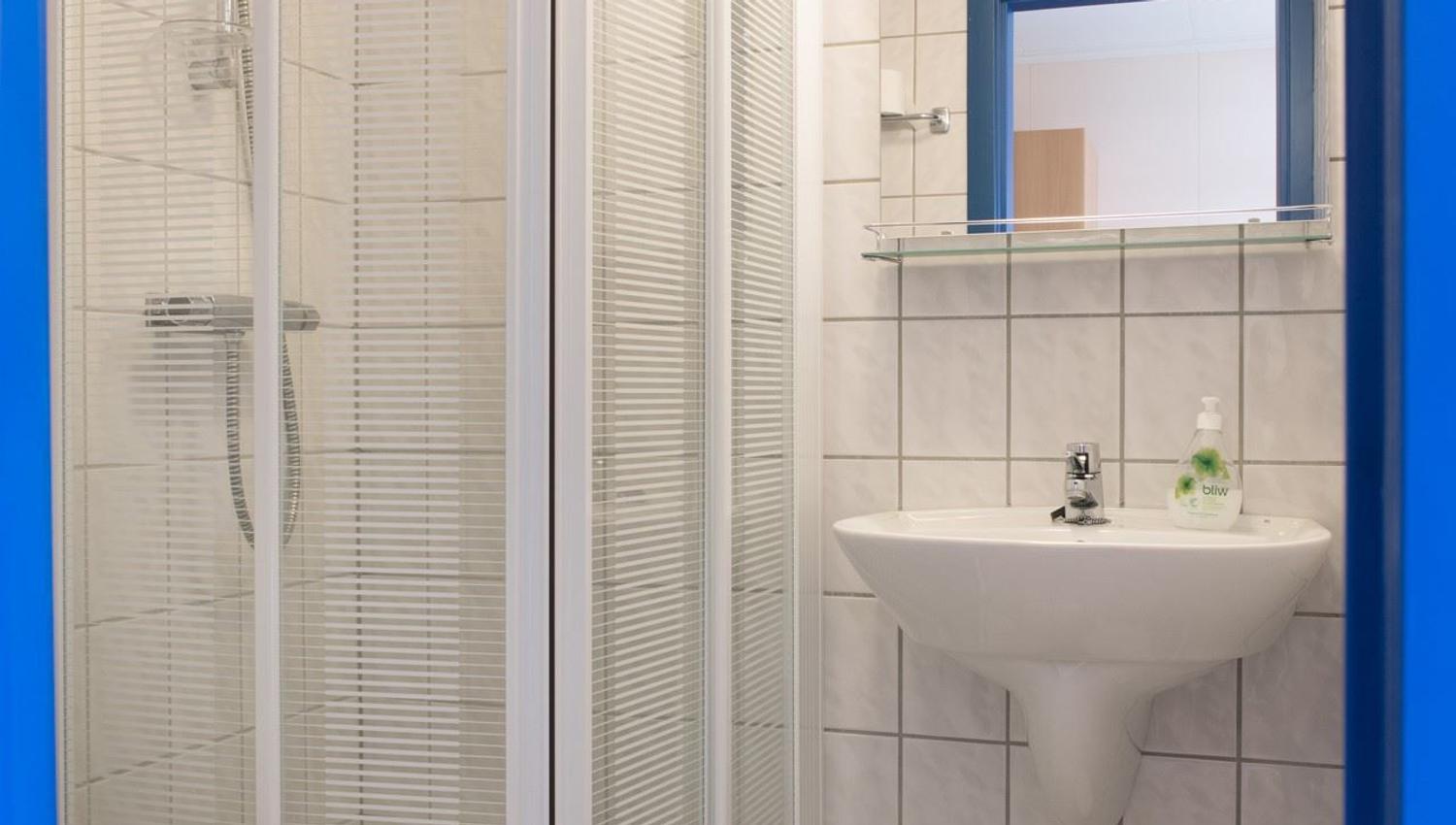 Small tiled bathroom with a corner glass shower enclosure, wall-mounted sink, mirror, shelf, and waste bin..