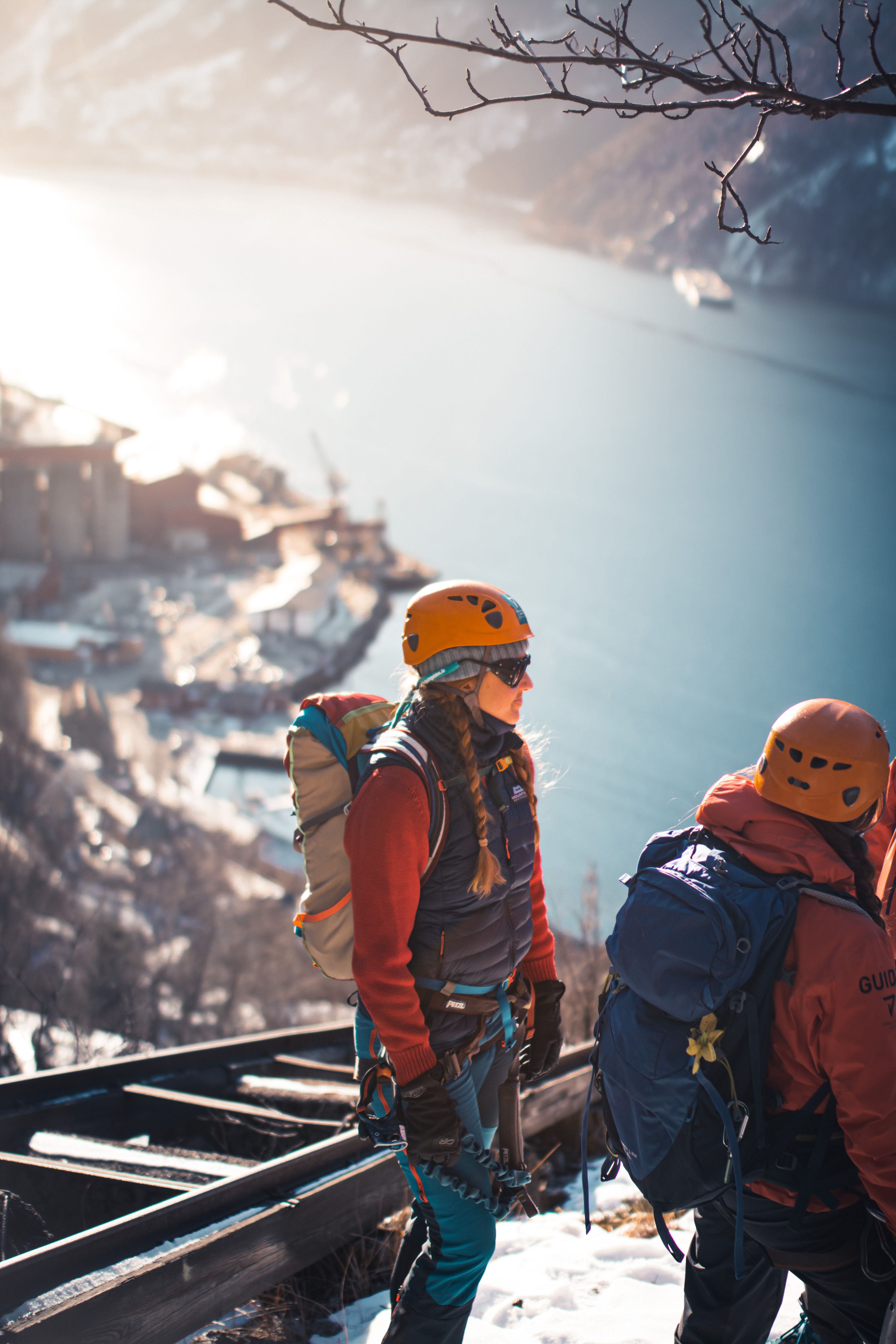 Rest stop on Via Ferrata Tyssedal overlooking the fjord and mountains.