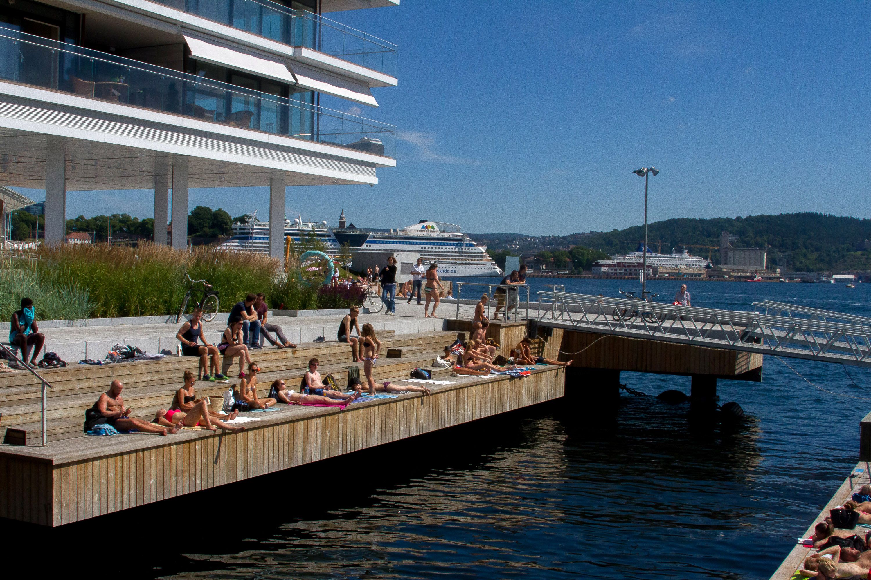 people sunbathing by the waterfront