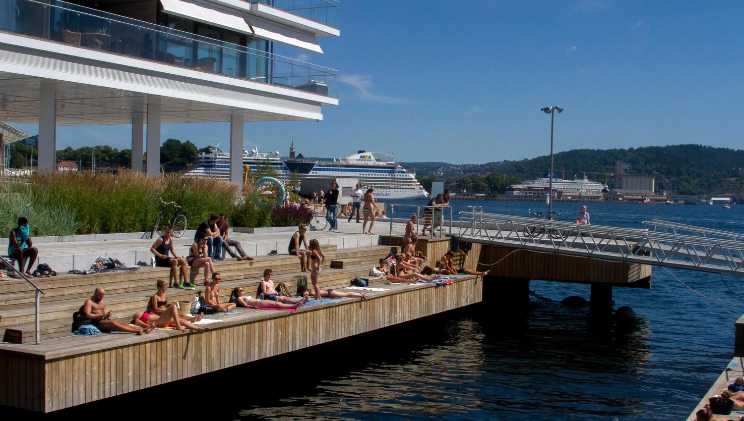 people sunbathing by the waterfront