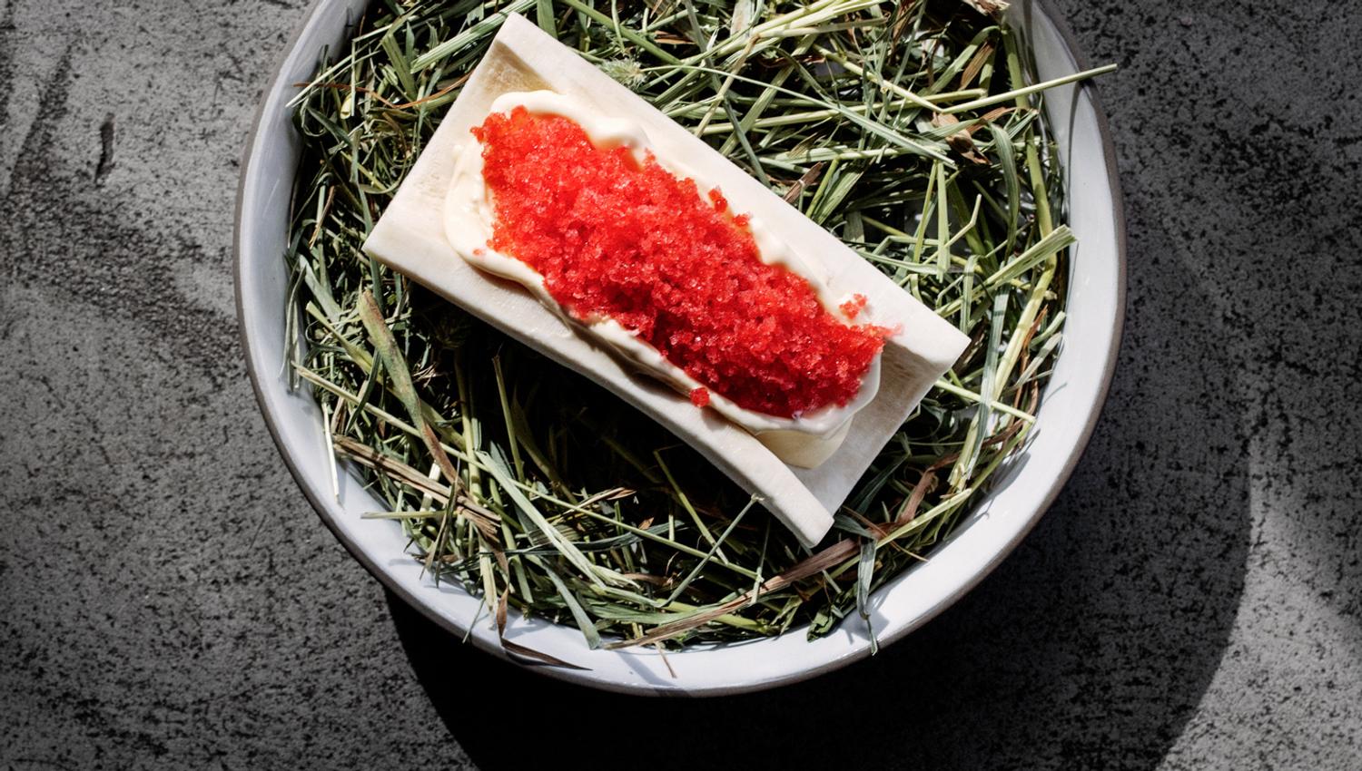 Bonemarrow ice cream with granite of summer berries.